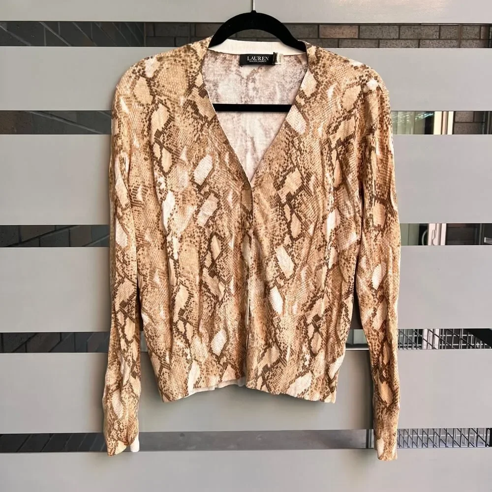 Lauren Ralph Lauren Black Label Snakeskin Print Cotton Blend Cardigan Size XL - Picture 2 of 7